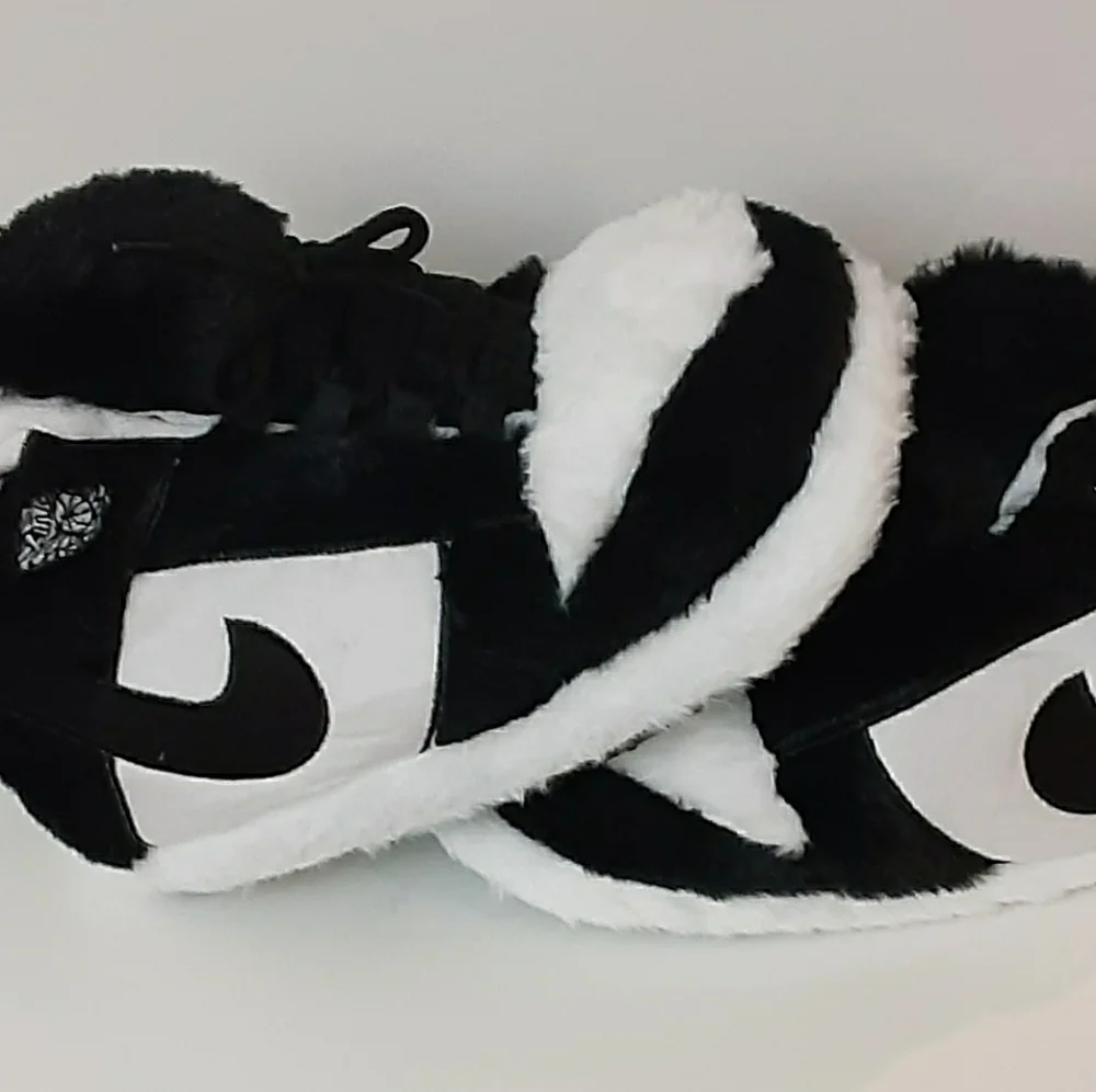 AJ 1 Plush Black and White Furry Slippers Fit Size 4 To 8